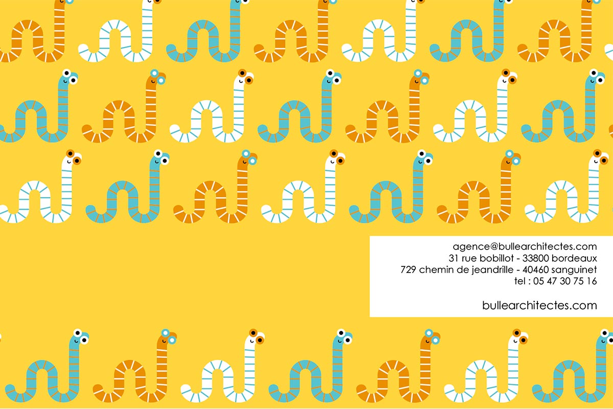 Back of the 2020 greeting card from the Bulle Architectes agency with the illustration of small earthworms.