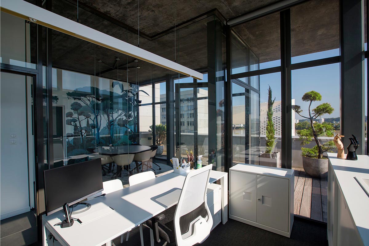 View from a glazed office on the meeting room with birds and on the outdoor terrace of the offices of our agency Bulle Architectes in Bordeaux.