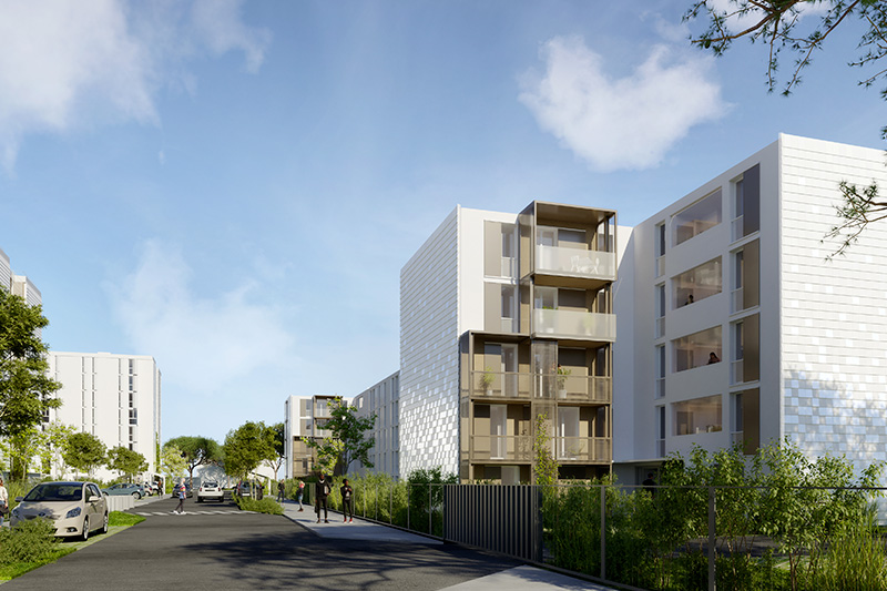 3D view from street on the balconies and facades composed of matt and shiny tiles of the residences Ariane and Saraillère in Cenon for which the agency Bulle Architectes applied.