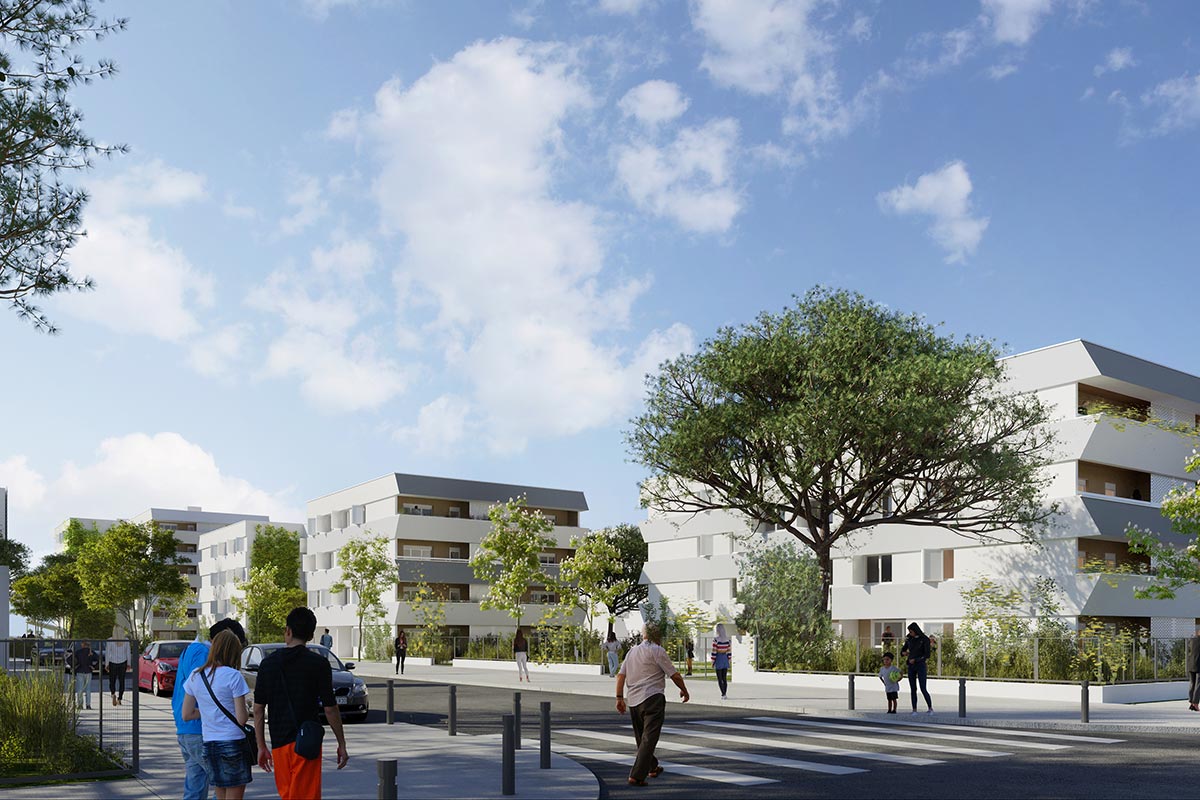 Vue 3D éloignée depuis la rue des résidences Ariane et Saraillère à Cenon pour lesquelles a candidaté l'agence Bulle Architectes.