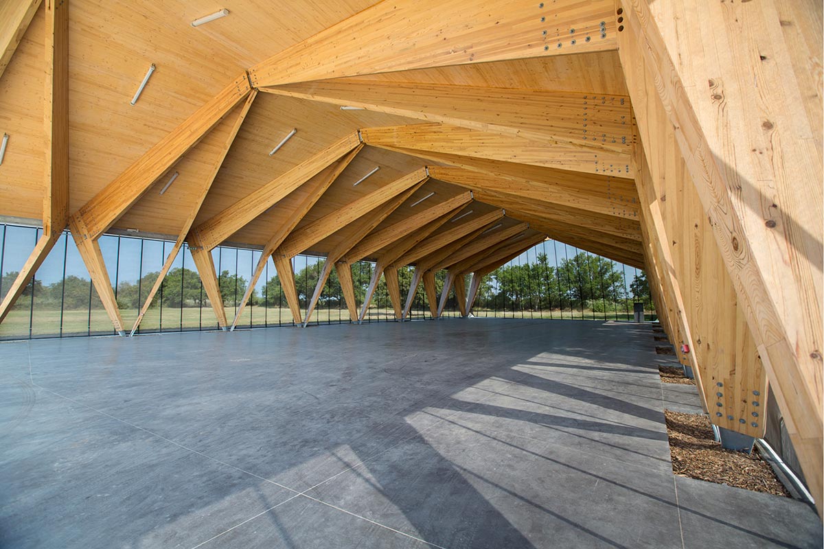 Vue globale depuis l'entrée principale de la halle couverte en bois du Teich réalisée par l'agence Bulle Architectes.