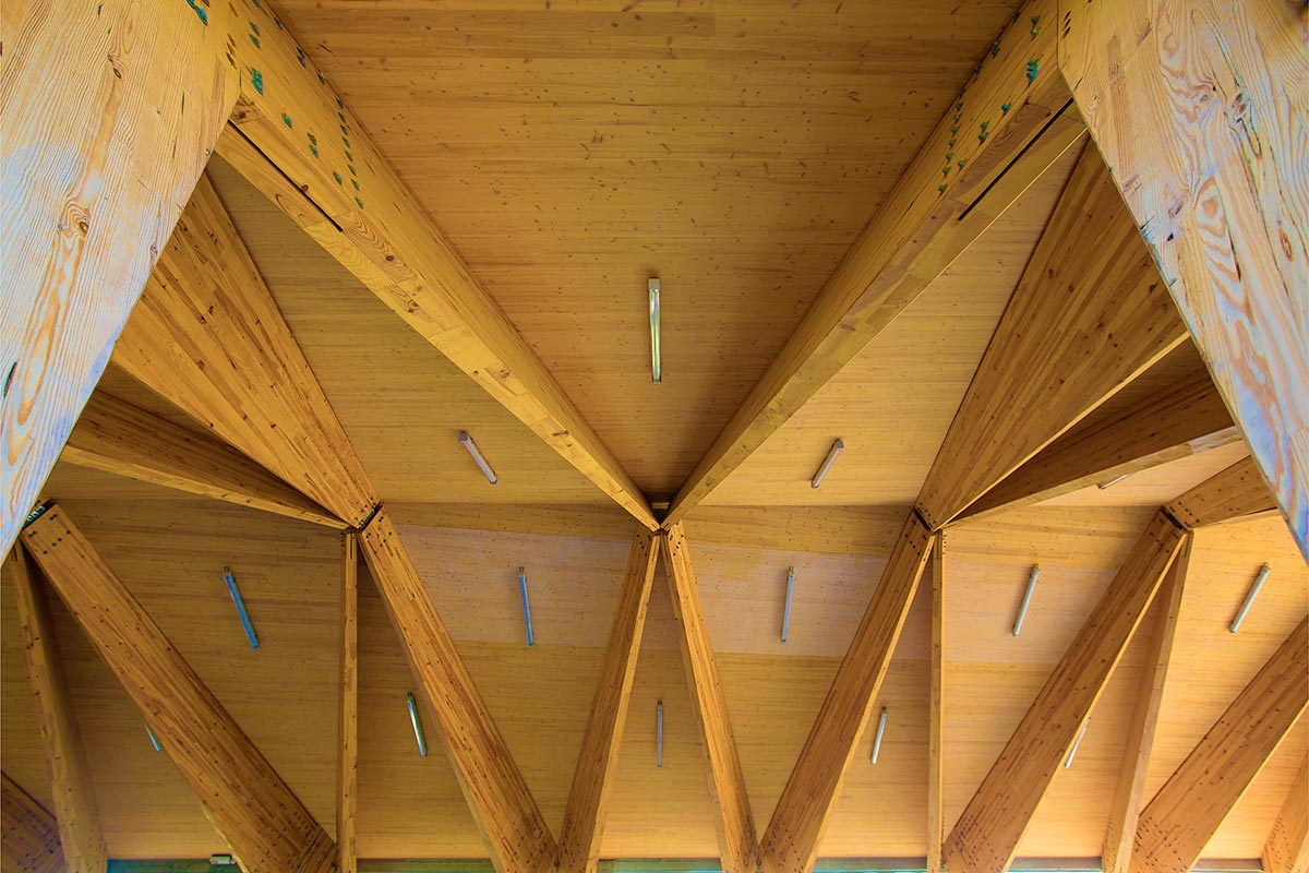 Zoom sur le plafond en bois composé d'une structure technique de la halle couverte du Teich réalisée par l'agence Bulle Architectes.
