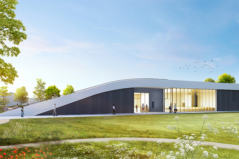 Perspective of the project of the village hall of Montpouillan realized by the Bordeaux agency Bulle Architects.