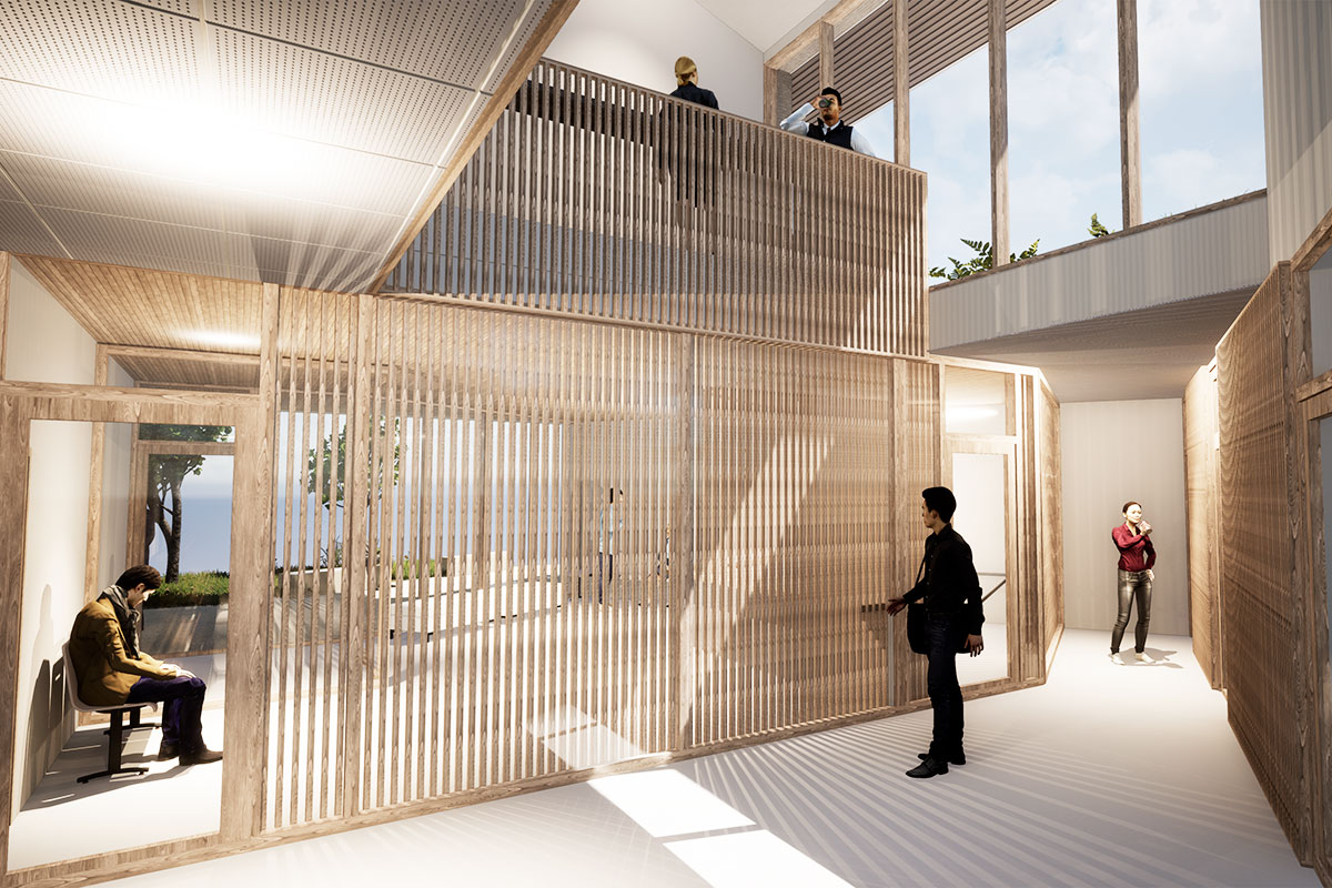 3D view inside the reception of the police station of La Teste-de-Buch designed by the Bordeaux agency Bulle Architects for a lost competition.
