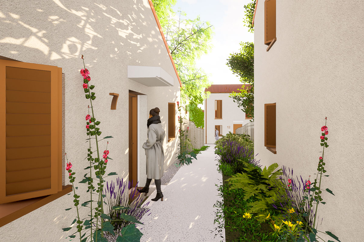 Vue 3D en immersion dans les coursives extérieures donnant accès aux maisons imaginées à Saint-Jean-d'Angely par l'agence bordelaise Bulle Architectes pour un concours gagné.