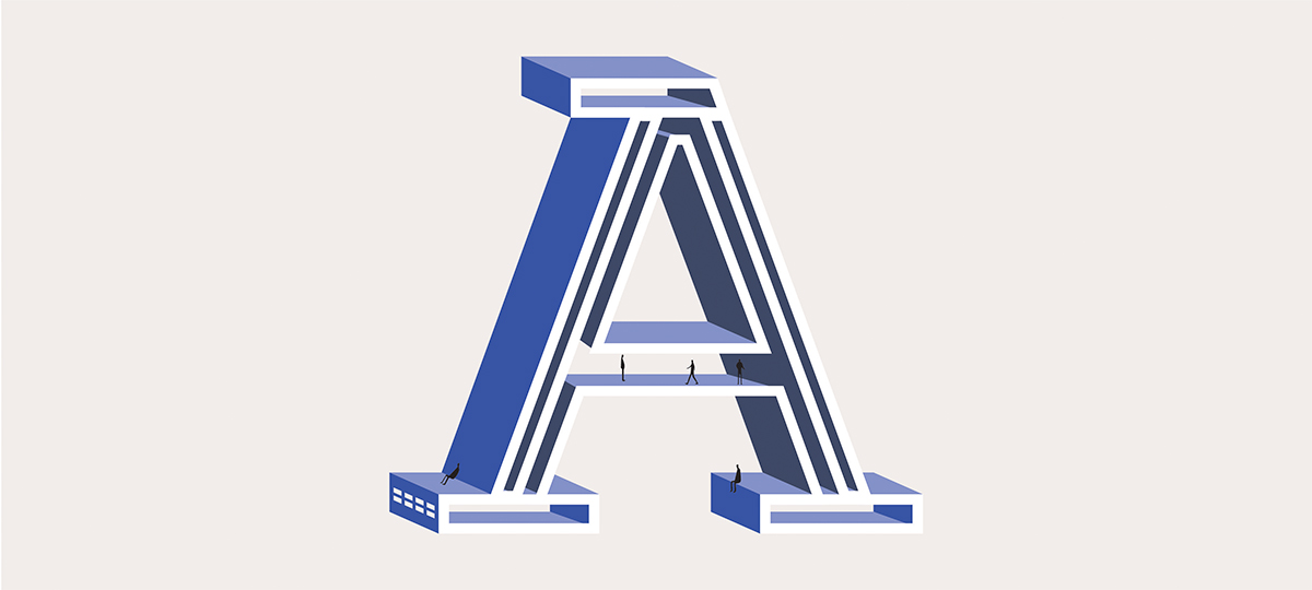 Illustration de la lettre A dans les tons bleu pour l'alphabet d'architecte de l'agence bordelaise Bulle Architectes.