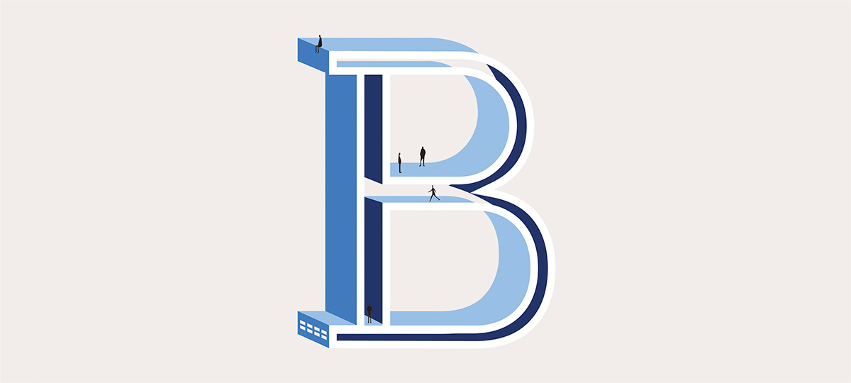 Illustration de la lettre B dans les tons bleu pour l'alphabet d'architecte de l'agence bordelaise Bulle Architectes.
