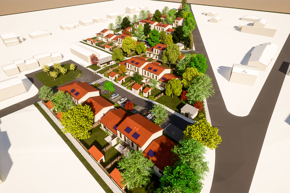 Vue 3D aérienne de l'ensemble du lotissement de maisons imaginées à Saint-Jean-d'Angely par l'agence bordelaise Bulle Architectes pour un concours gagné.
