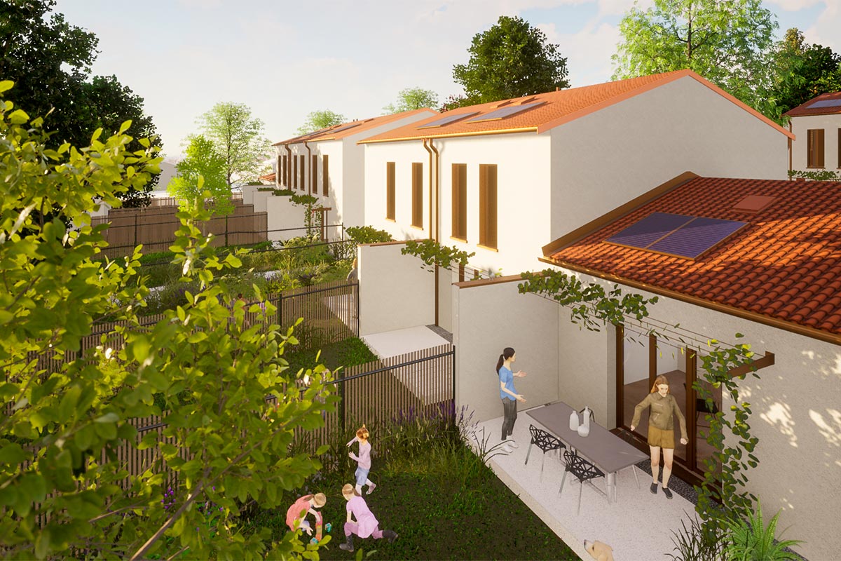 Vue 3D aérienne des jardins de maisons imaginées à Saint-Jean-d'Angely par l'agence bordelaise Bulle Architectes pour un concours gagné.