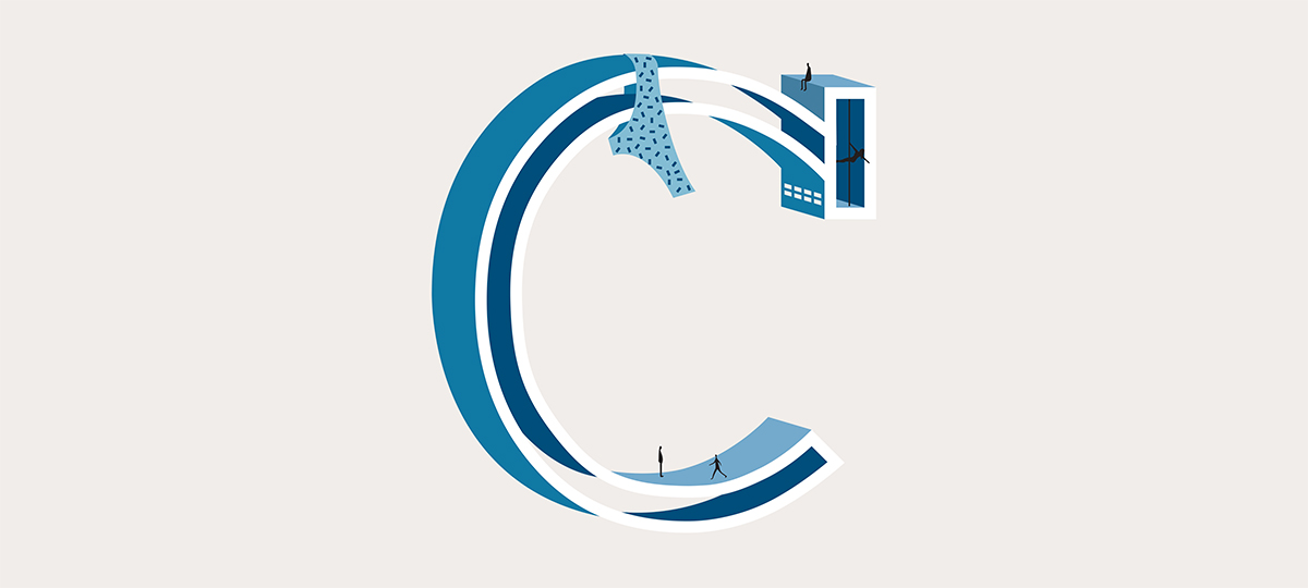 Illustration de la lettre C pour le mot culotte dans les tons bleu pour l'alphabet d'architecte de l'agence bordelaise Bulle Architectes.
