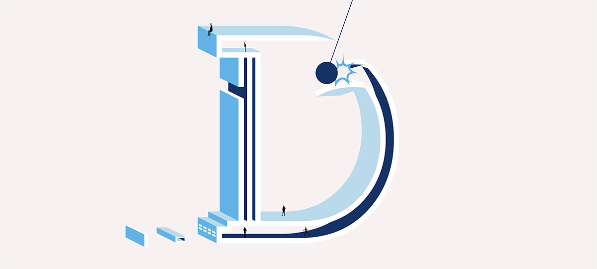 Illustration de la lettre D pour le mot démolition dans les tons bleu pour l'alphabet d'architecte de l'agence bordelaise Bulle Architectes.