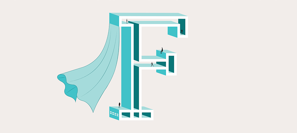 Illustration de la lettre F pour le mot façade dans les tons bleu pour l'alphabet d'architecte de l'agence bordelaise Bulle Architectes.