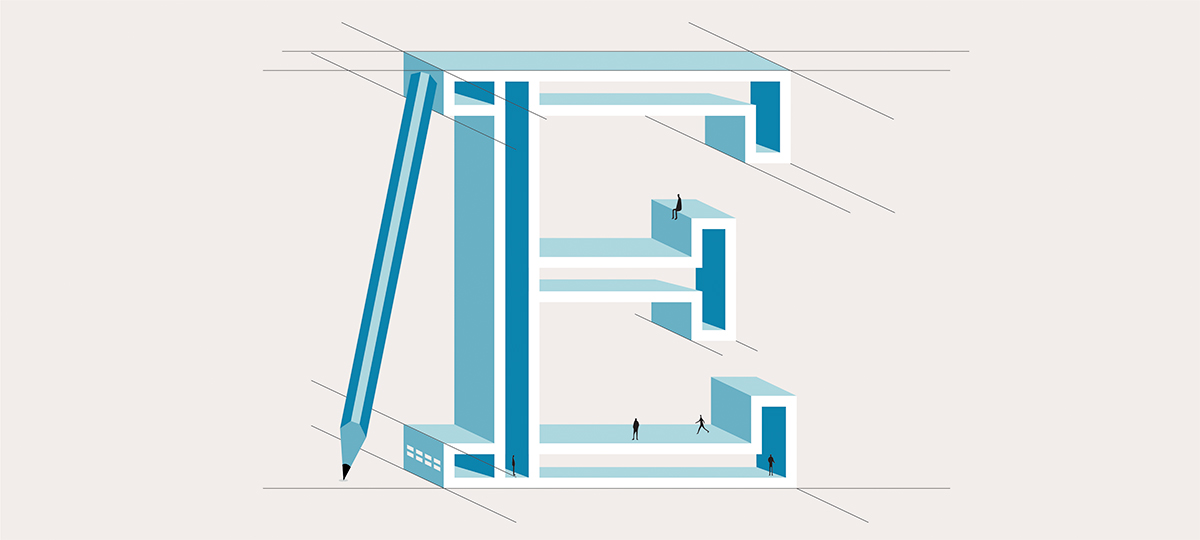 Illustration de la lettre E pour le mot esquisse dans les tons bleu pour l'alphabet d'architecte de l'agence bordelaise Bulle Architectes.