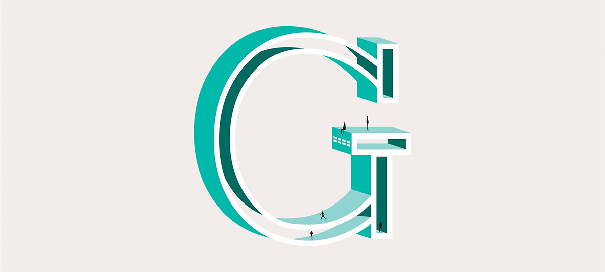 Illustration de la lettre G pour le mot Gigot bitume dans les tons verts pour l'alphabet d'architecte de l'agence bordelaise Bulle Architectes.