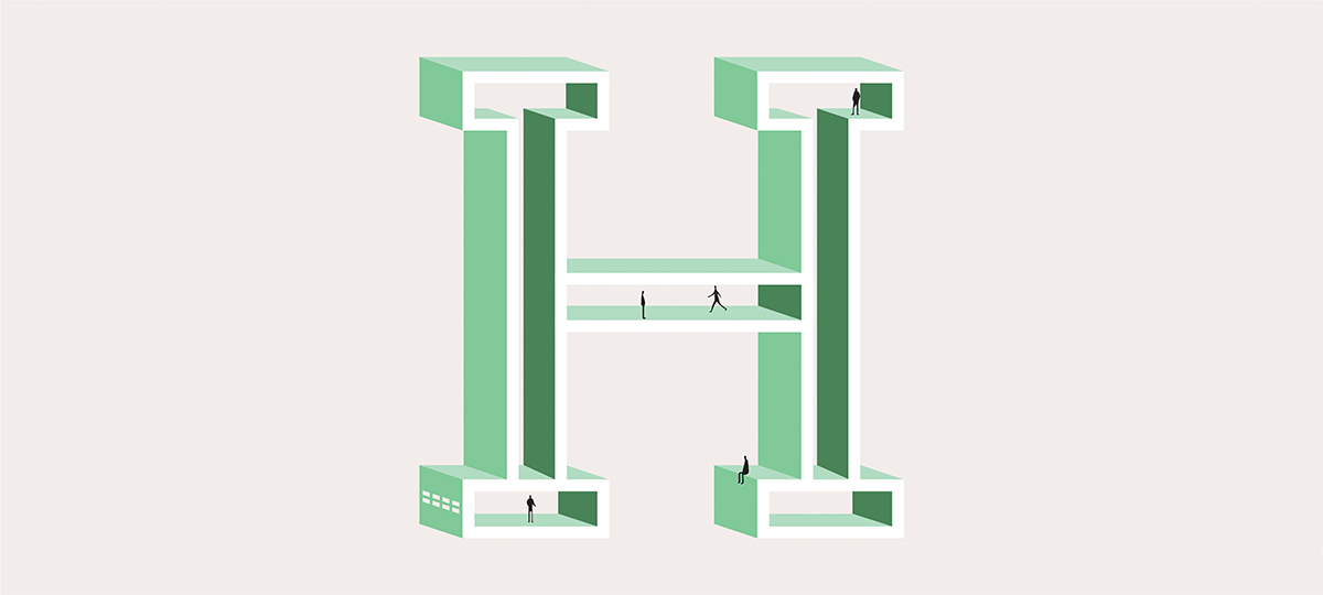 Illustration of the letter H for the word Fees bitumen in green tones for the alphabet of the Bordeaux agency Bulle Architectes.