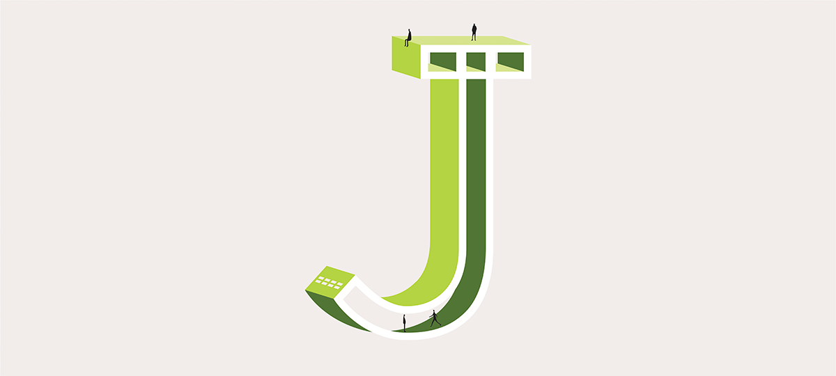 Illustration of the letter j for the word I in green tones for the architect's alphabet of the Bordeaux agency Bulle Architectes.