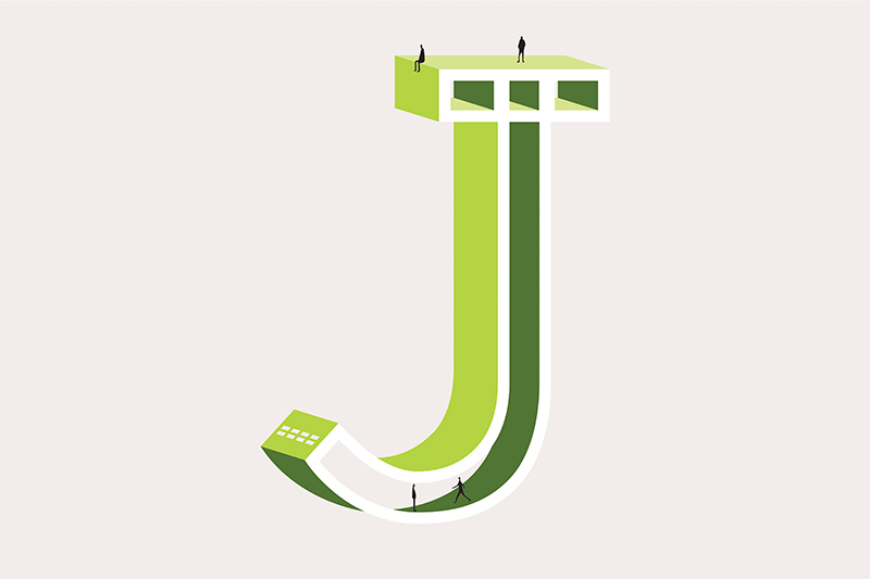 Green graphics of the letter j for the word I with small characters for the alphabet of architect of the Bordeaux agency Bulle Architects.