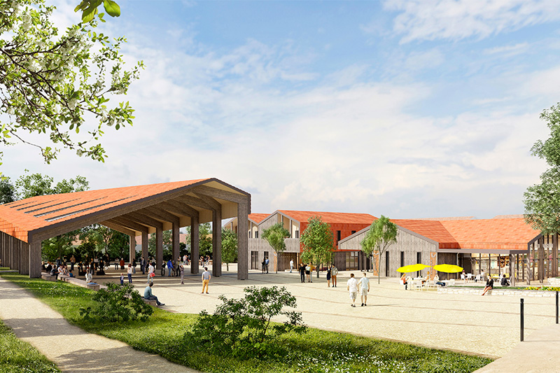 General view of the operation with a direct view on the market hall located in the heart of the village square surrounded by the new shops designed in Saint Selve by the Bordeaux agency Bulle Architects.