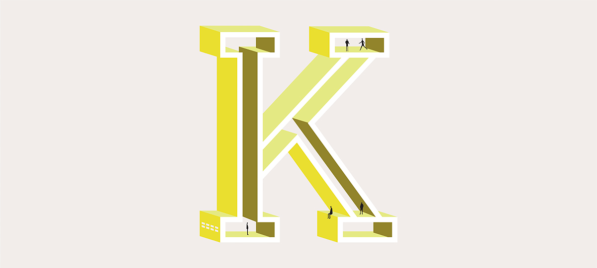 Illustration of the letter K for the word kutch in yellow tones for the architectural alphabet of the Bordeaux agency Bulle Architectes.