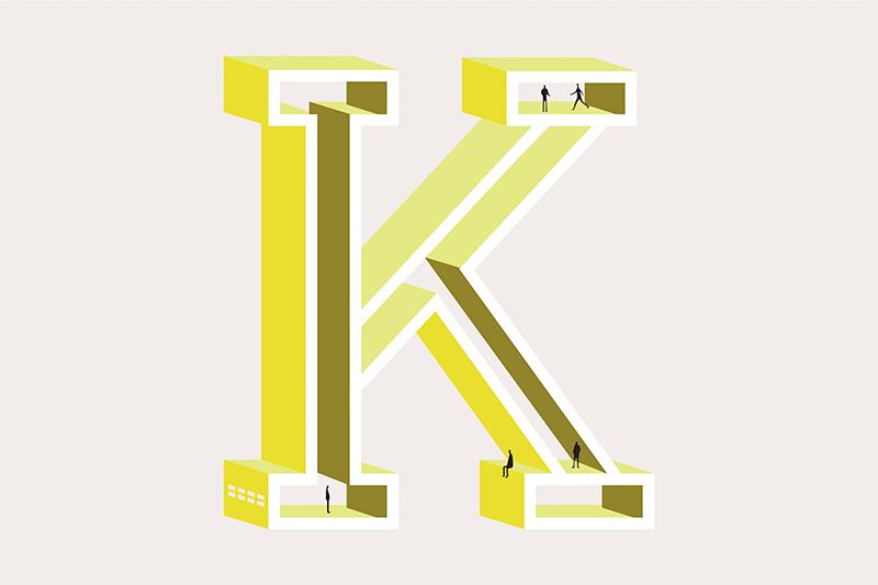 Graphisme jaune de la lettre k pour le mot kutch avec petits personnages pour l'alphabet d'architecte de l'agence bordelaise Bulle Architectes.