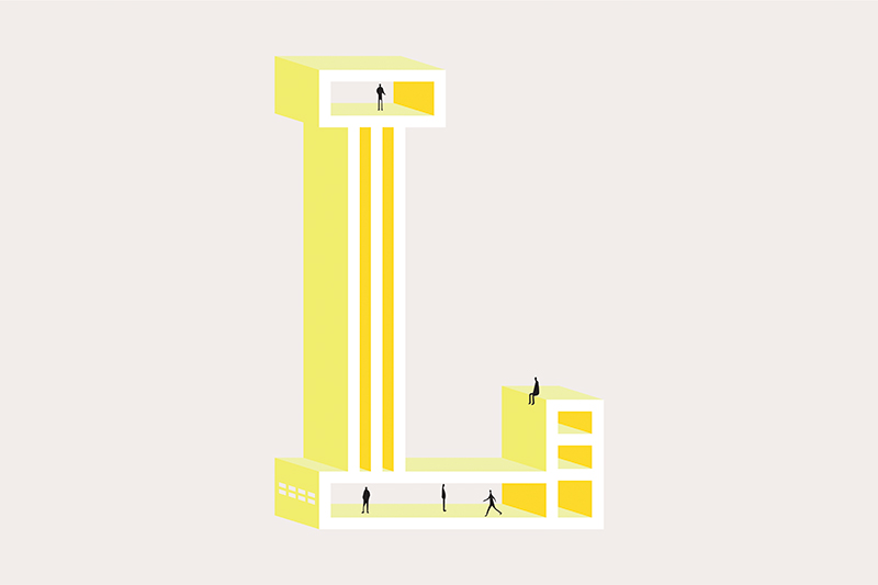 Graphisme jaune de la lettre l pour le mot lean avec petits personnages pour l'alphabet d'architecte de l'agence bordelaise Bulle Architectes.