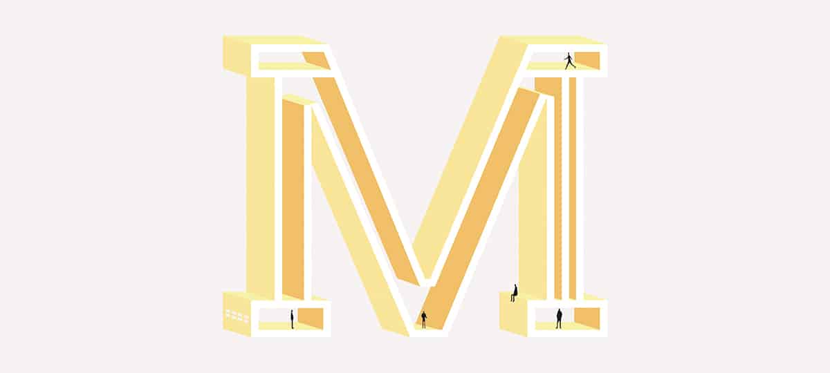 Illustration de la lettre M pour le mot matière dans les tons jaune pour l'alphabet d'architecte de l'agence bordelaise Bulle Architectes.