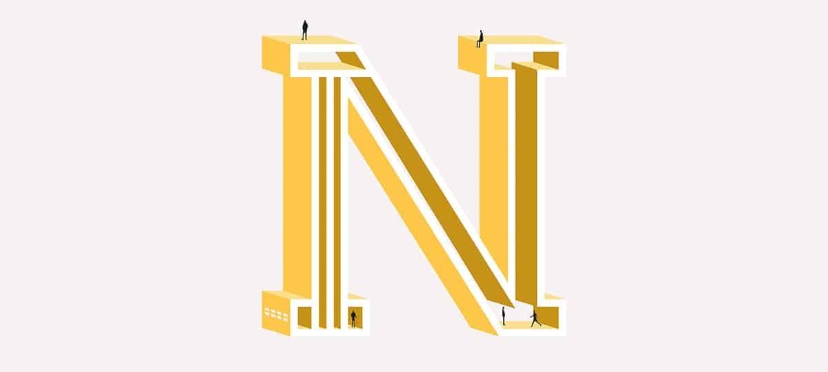 Illustration de la lettre N pour le mot noctambulle dans les tons jaune pour l'alphabet d'architecte de l'agence bordelaise Bulle Architectes.