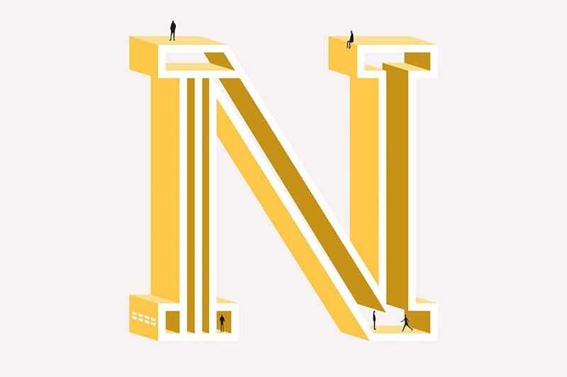 Graphisme orange de la lettre N pour le mot noctambulle avec petits personnages pour l'alphabet d'architecte de l'agence bordelaise Bulle Architectes.