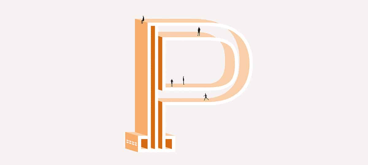 Graphisme orange de la lettre P pour le mot pritzker avec petits personnages pour l'alphabet d'architecte de l'agence bordelaise Bulle Architectes.