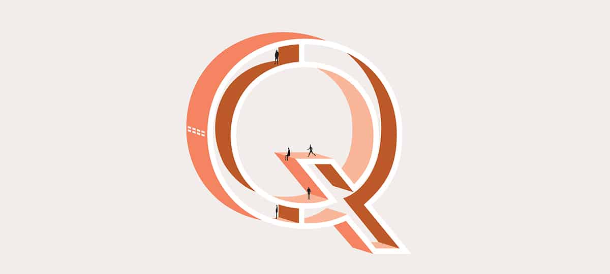 Graphisme rosé de la lettre Q pour le mot question avec petits personnages pour l'alphabet d'architecte de l'agence bordelaise Bulle Architectes.