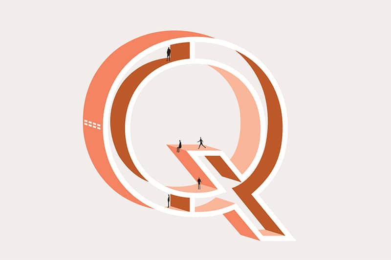 Graphisme rosé de la lettre q pour le mot question avec petits personnages pour l'alphabet d'architecte de l'agence bordelaise Bulle Architectes.