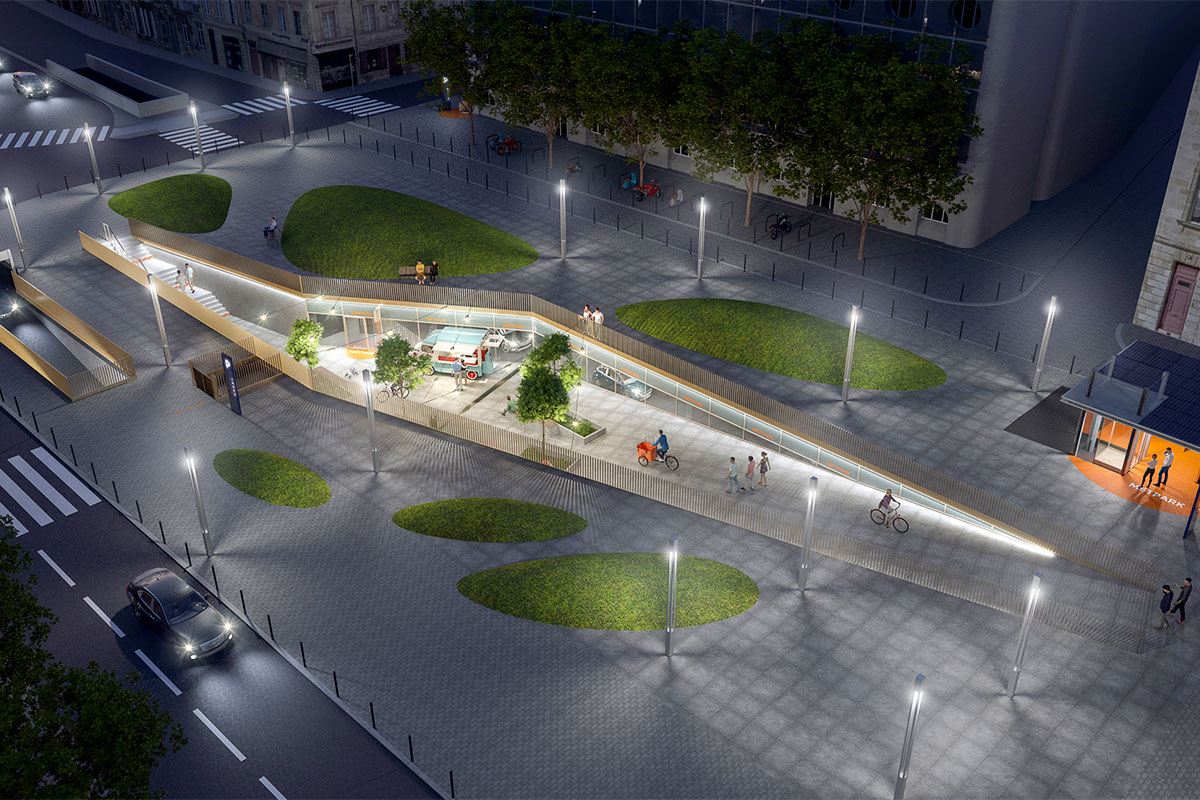 Perspective aérienne de nuit du parking Gambetta avec la création d'une rue basse pensée par l'agence bordelaise Bulle Architectes.