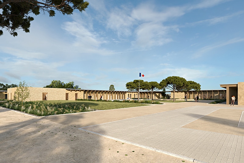 Perspective extérieure sur la cours d'honneur de la prison de Bédenac réalisée par l'agence bordelaise Bulle Architectes.