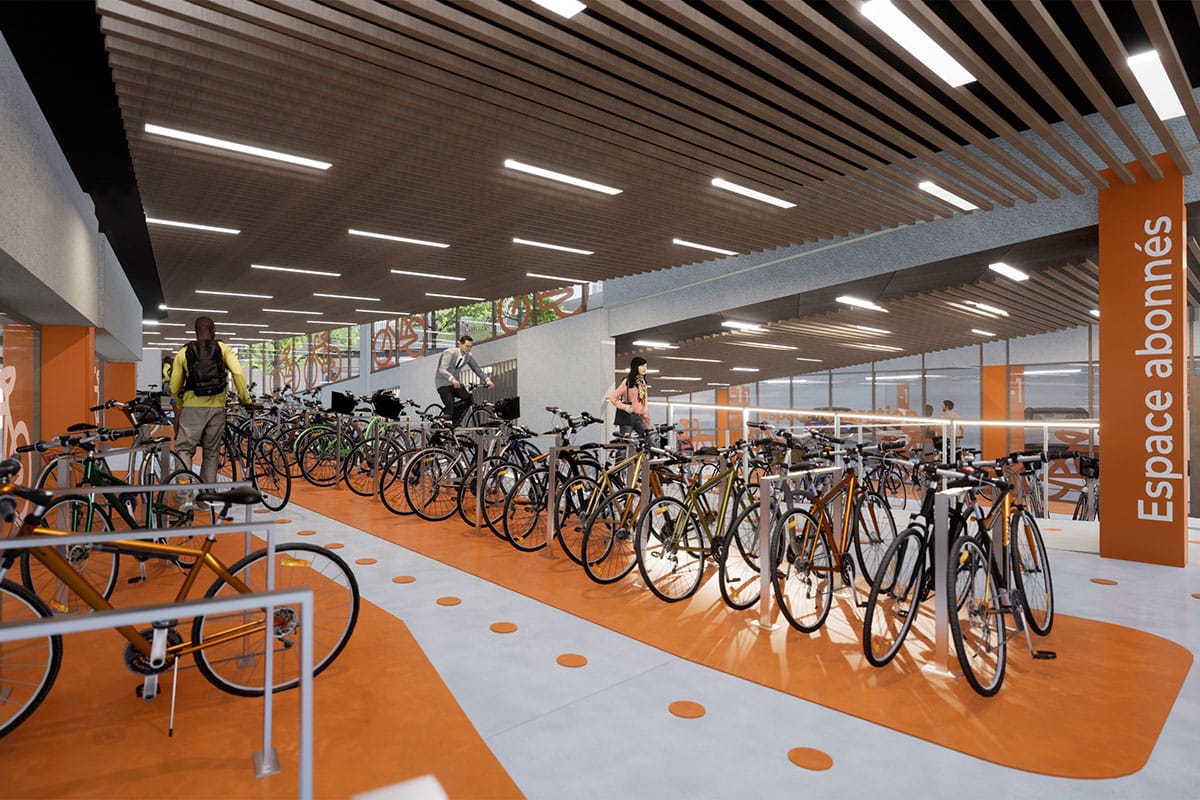 Perspective intérieur du local vélo avec un accès direct sur l'extérieur au parking Gambetta réhabilité par l'agence bordelaise Bulle Architectes.