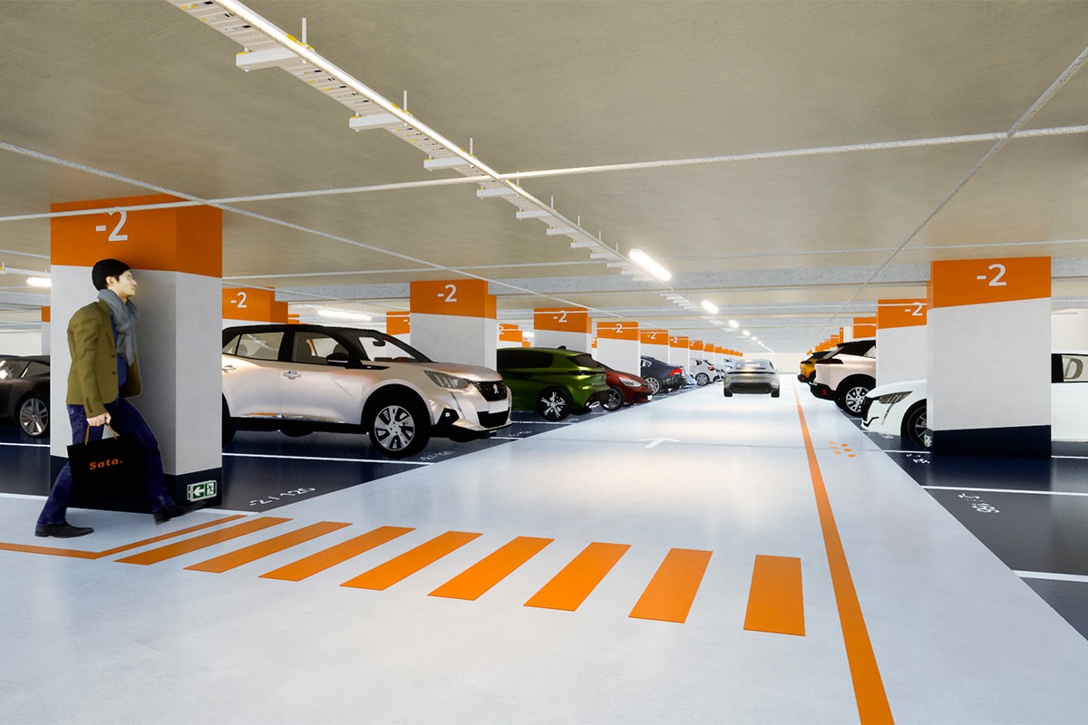 Perspective intérieure sur un niveau d'étage courant d'un parking réhabilité par l'agence bordelaise Bulle Architectes.