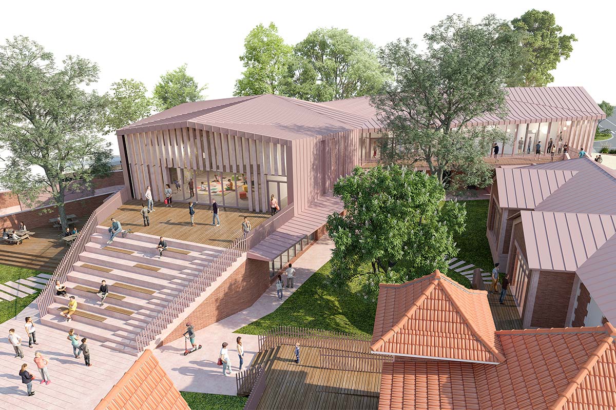Perspective aérienne sur les toitures en zinc rose de l'ALSH créée par l'agence bordelaise Bulle Architectes.